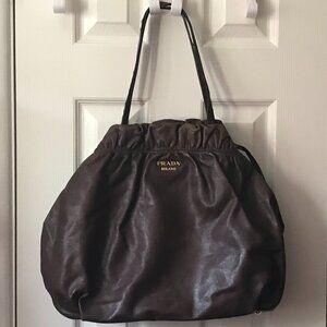 Prada Brown Leather Drawstring Tote Bag